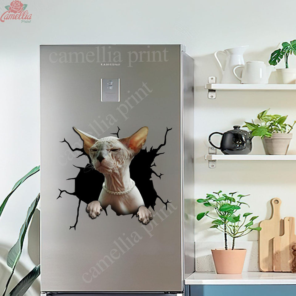 Sphynx Cat Crack removable sticker made from waterproof vinyl for cars, laptops, tumblers, and windows