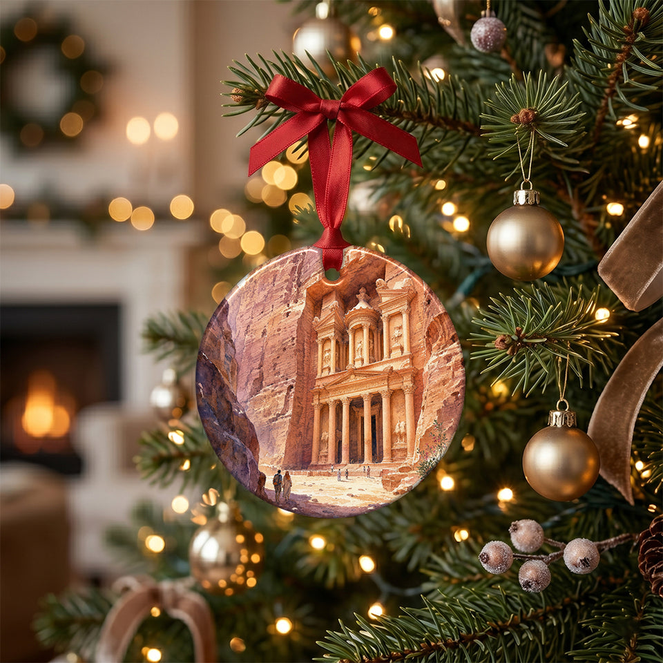 Petra Treasury holiday keepsake displayed hanging gracefully from a lit Christmas tree branch.
