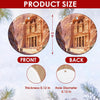 Detailed size chart diagram showing 3-inch dimensions and two-sided print for the Petra Treasury ornament.