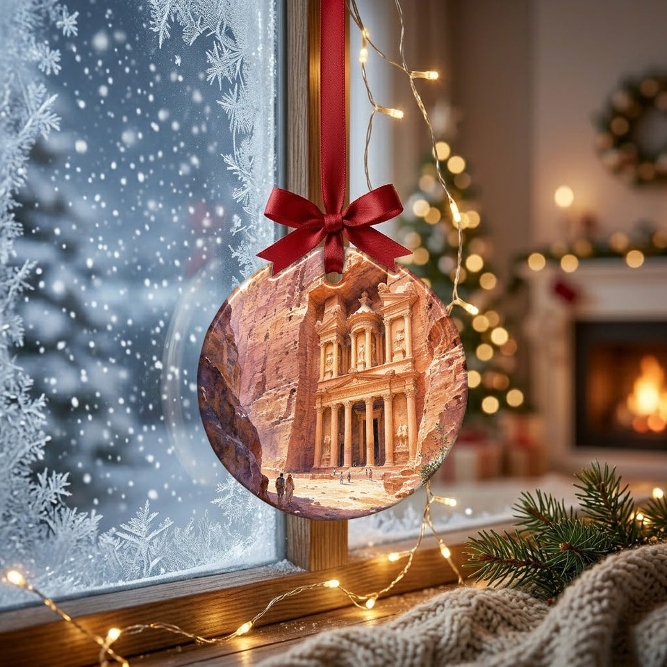 Jordanian desert Treasury keepsake ornament suspended in front of a frosty winter window with soft daylight.