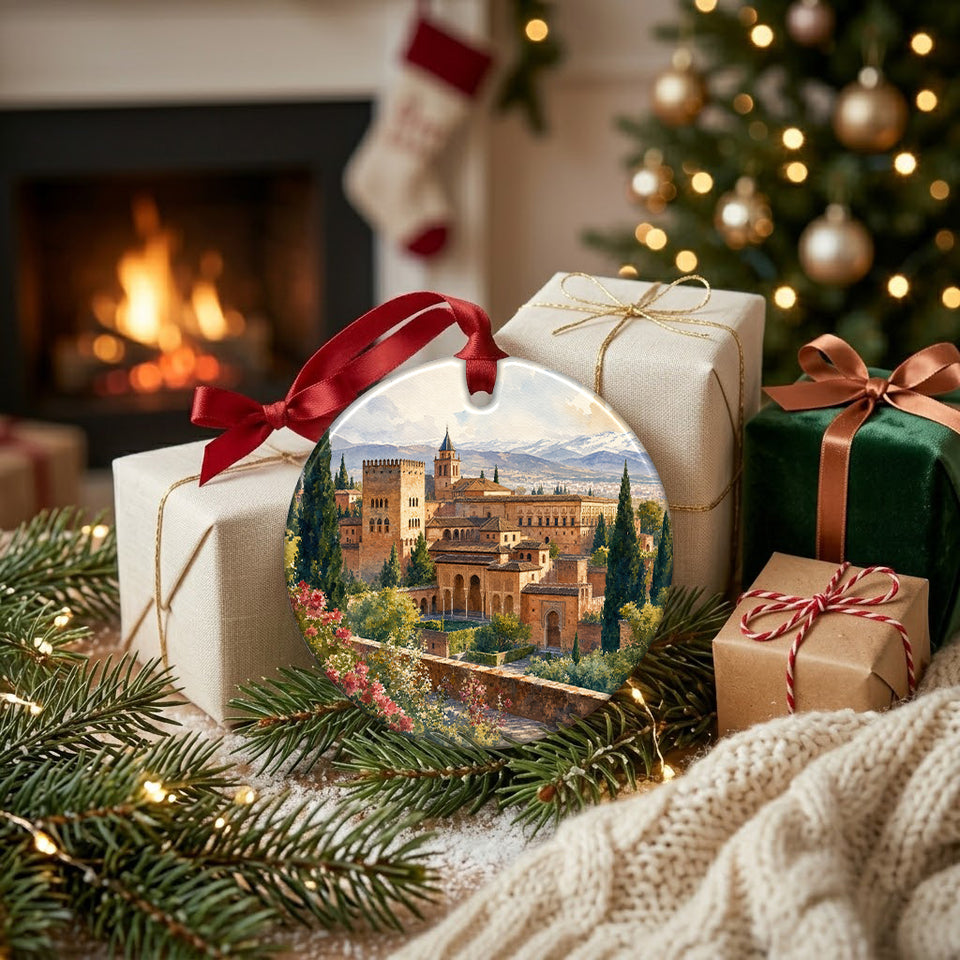 Spanish fortress ceramic ornament placed beside wrapped gifts near a glowing holiday fireplace.