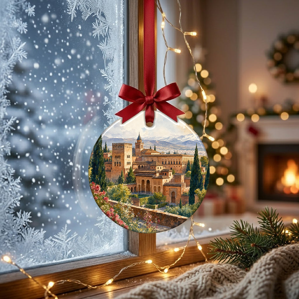 Detailed view of the Spanish landmark ornament hanging in front of a frosty winter window.