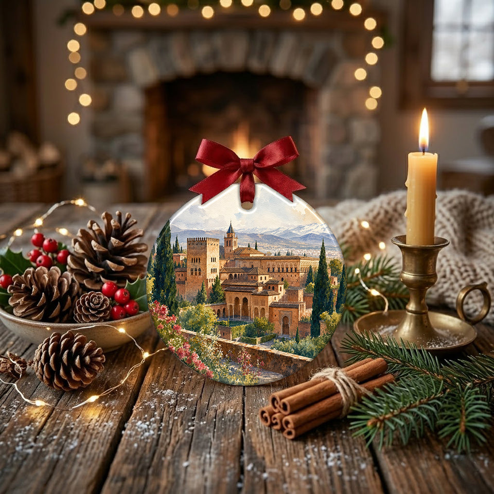 Festive ornament displayed on a rustic table alongside winter pinecones and a lit candle.