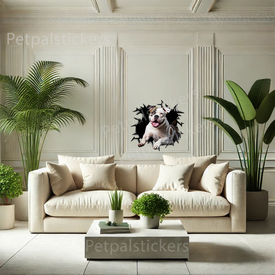 Vibrant American Bulldog graphic vinyl decal applied to an indoor bedroom wall.