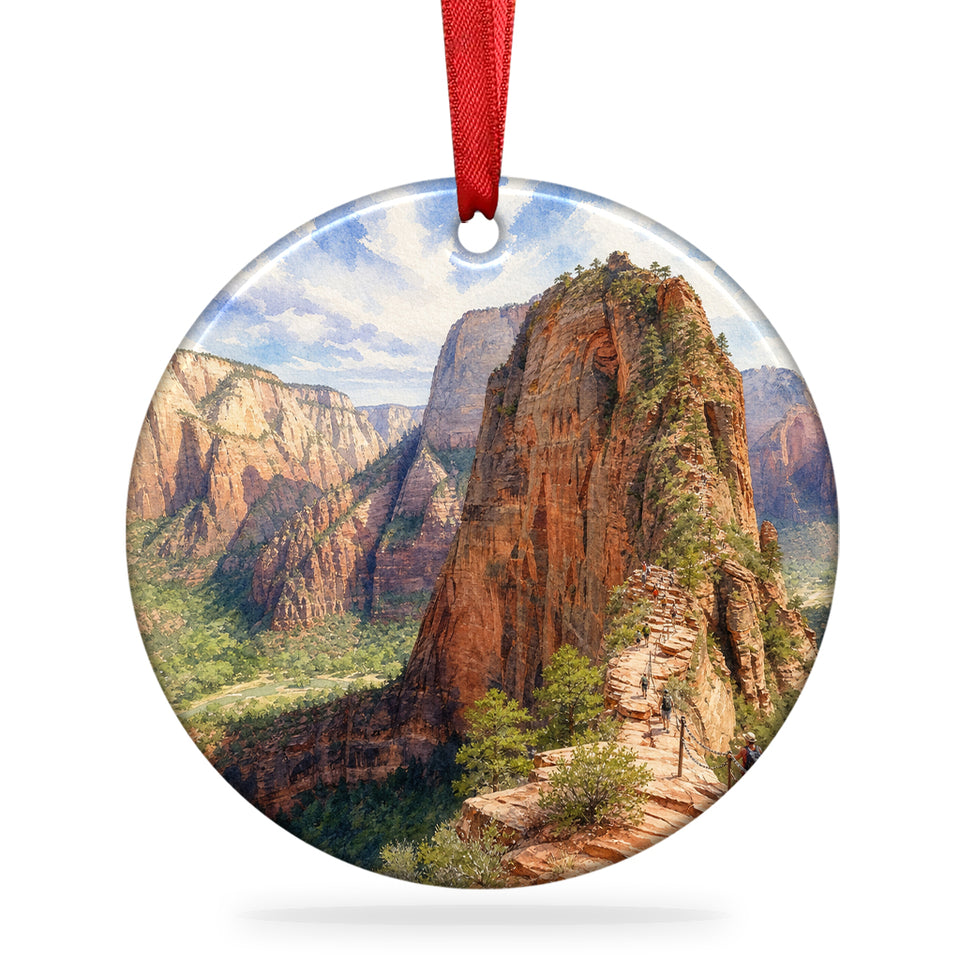 Angels Landing ceramic Christmas ornament shown on a clean white background with hanging ribbon.