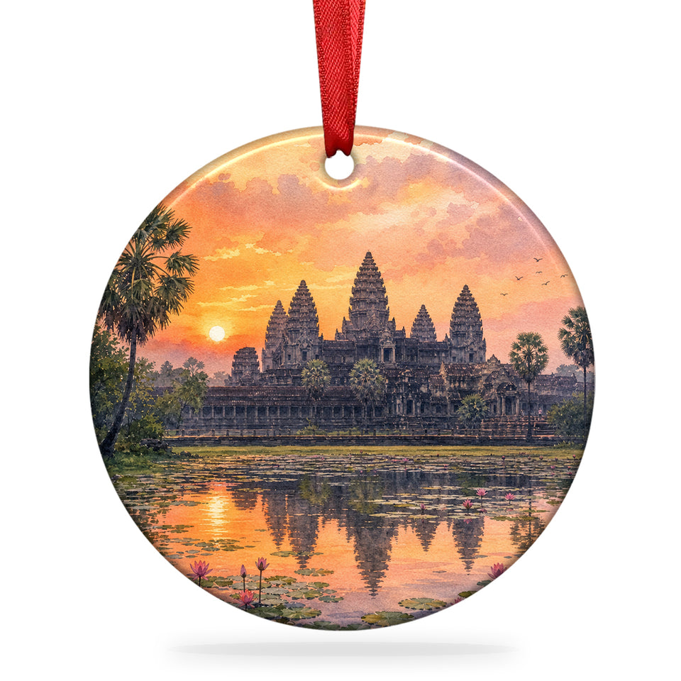 Angkor Wat Christmas ornament with hanging ribbon displayed over a clean white background.