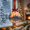 Detailed travel keepsake suspended in front of a frosty winter window with soft morning daylight.