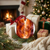 Festive holiday setup showing the round ceramic decoration resting beside wrapped gifts.