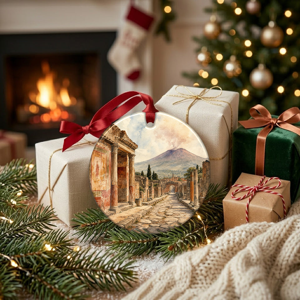 Festive holiday scene featuring the Pompeii ornament resting beside wrapped gifts near the hearth.
