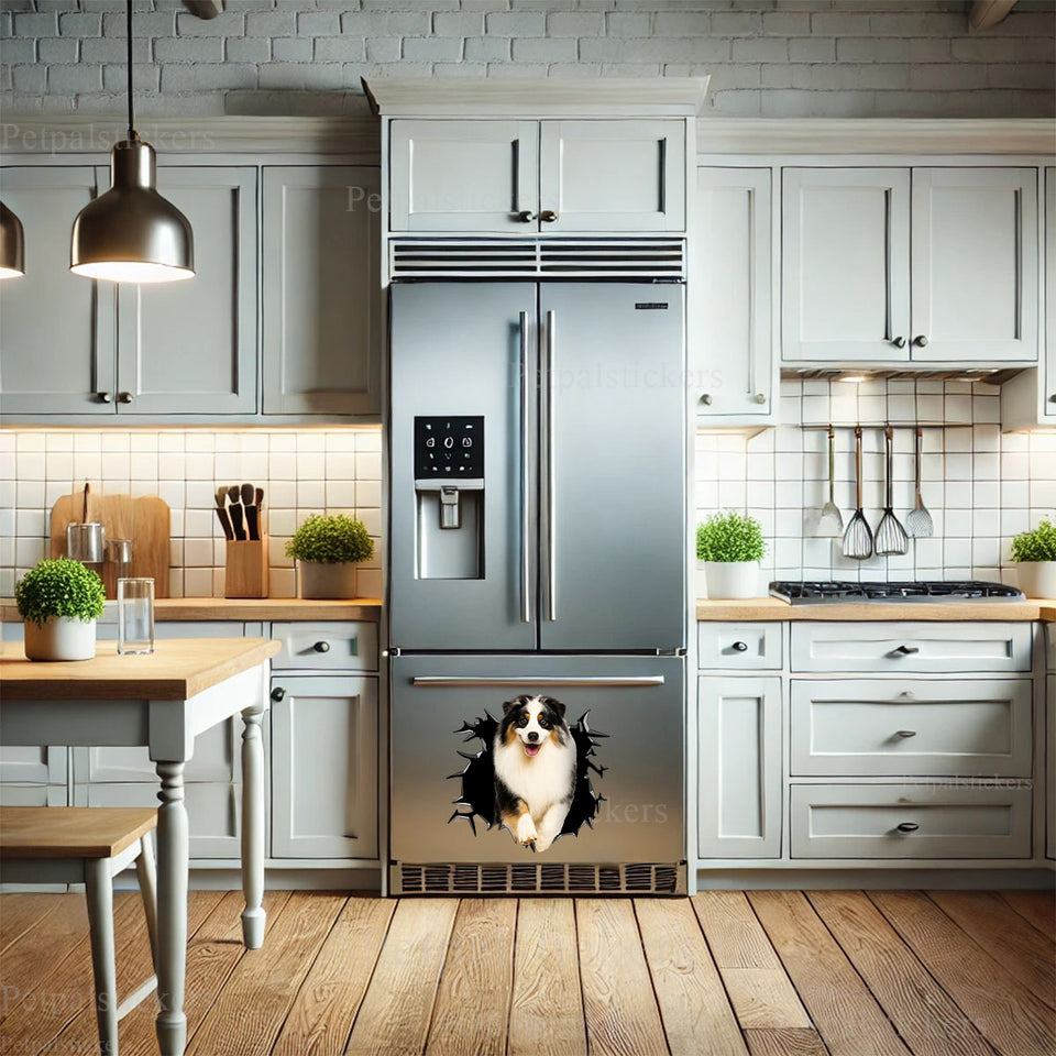 Fun Aussie dog sticker accenting a clean stainless steel refrigerator.