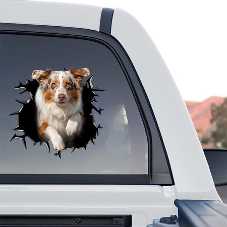 Playful Aussie Dog sticker applied to the smooth lid of a white ceramic toilet.