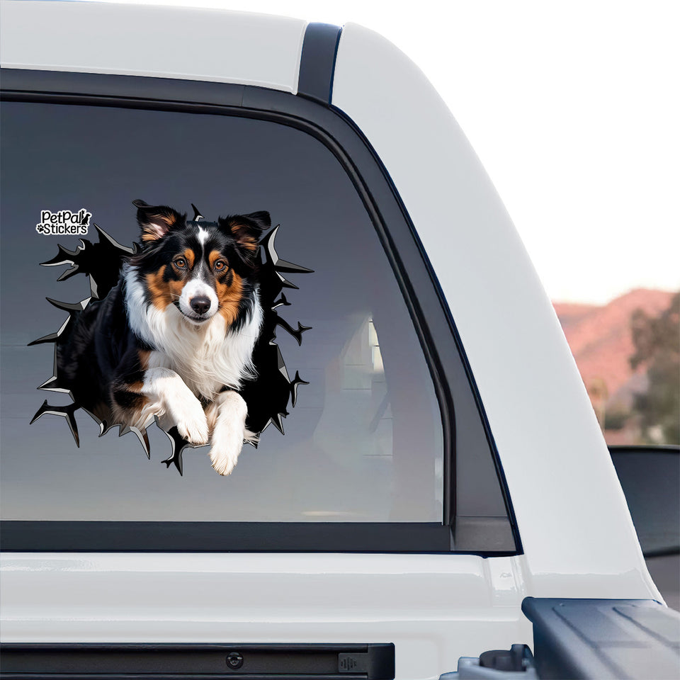 Gloss laminated dog decal displayed boldly on the back window of a truck.