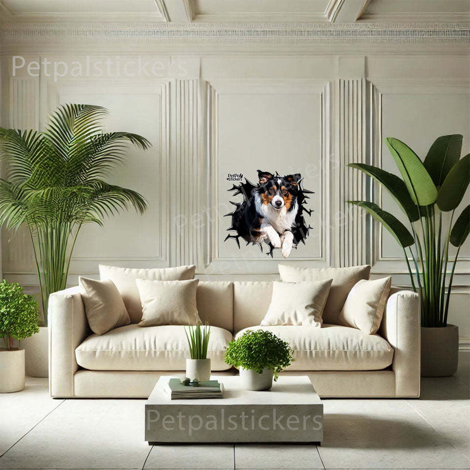 Playful canine art sticker decorating a smooth interior wall with vivid colors.