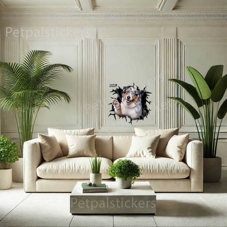 Cute Australian Shepherd art print adhered to an indoor bedroom wall.