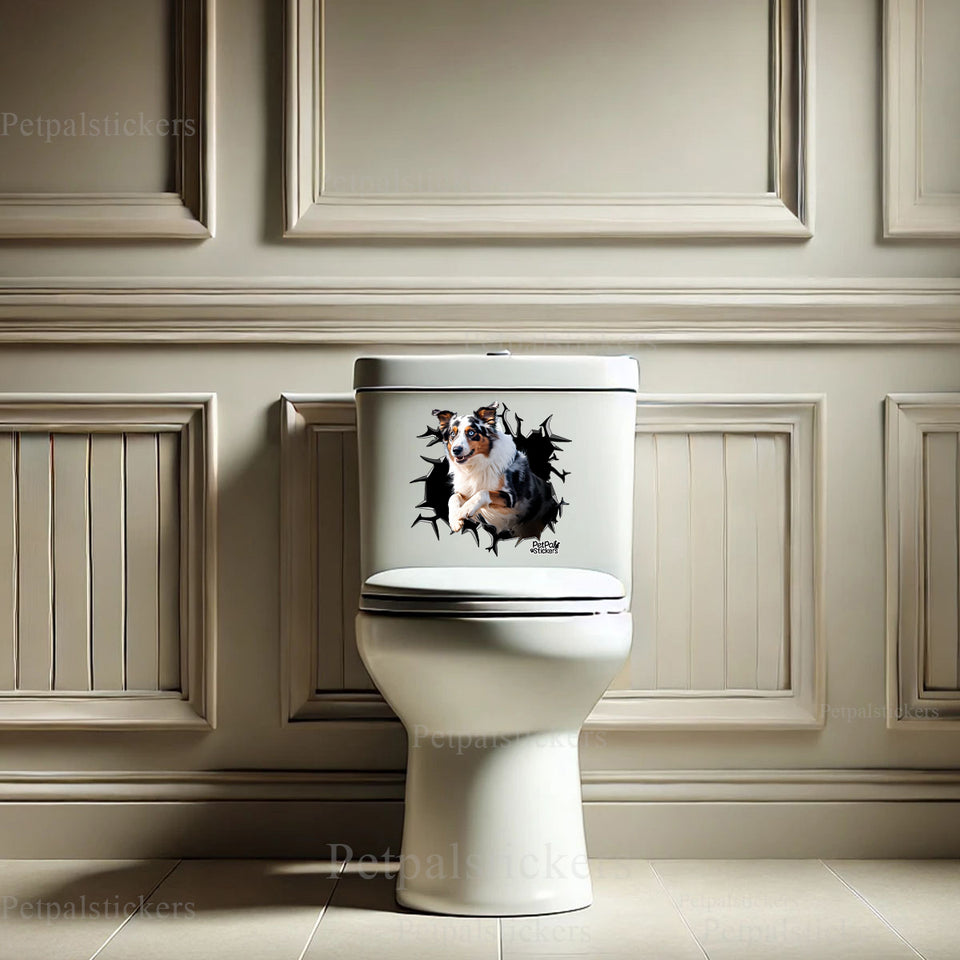 Humorous dog decal attached smoothly to the top lid of a modern bathroom toilet.