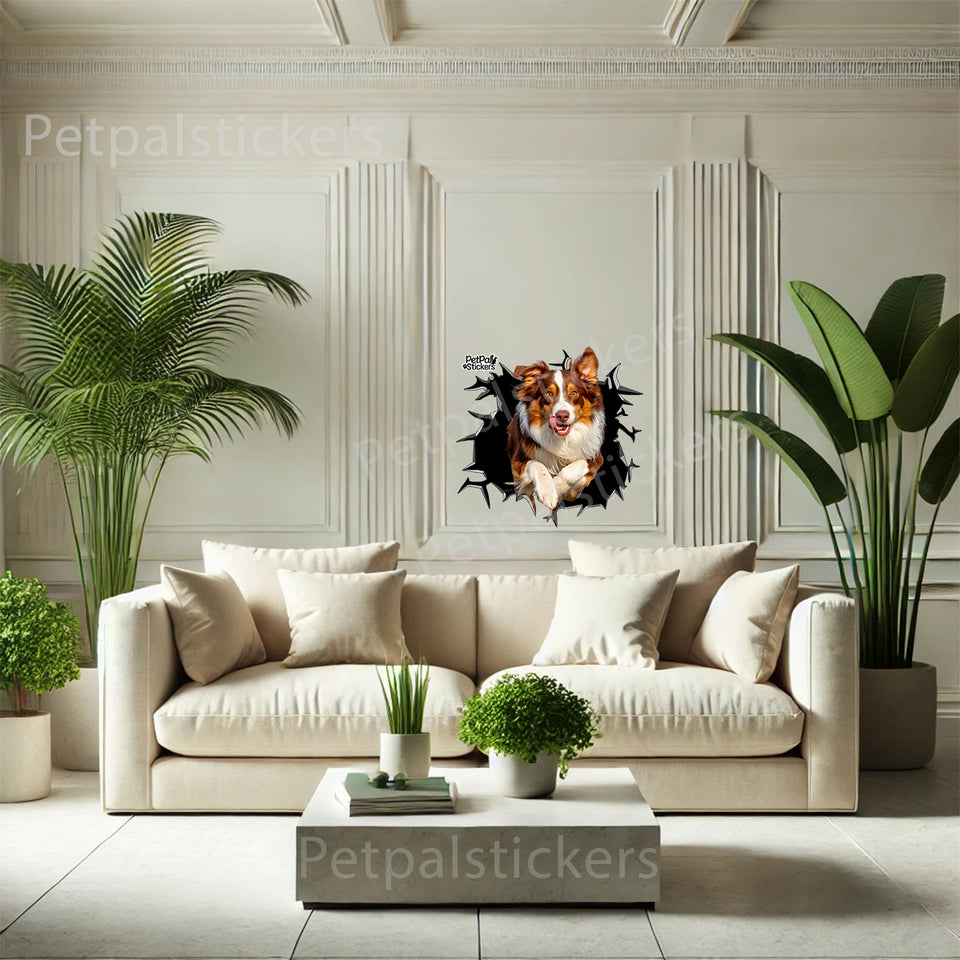 Detailed Australian Shepherd dog sticker showcased on an indoor home wall as decorative art.