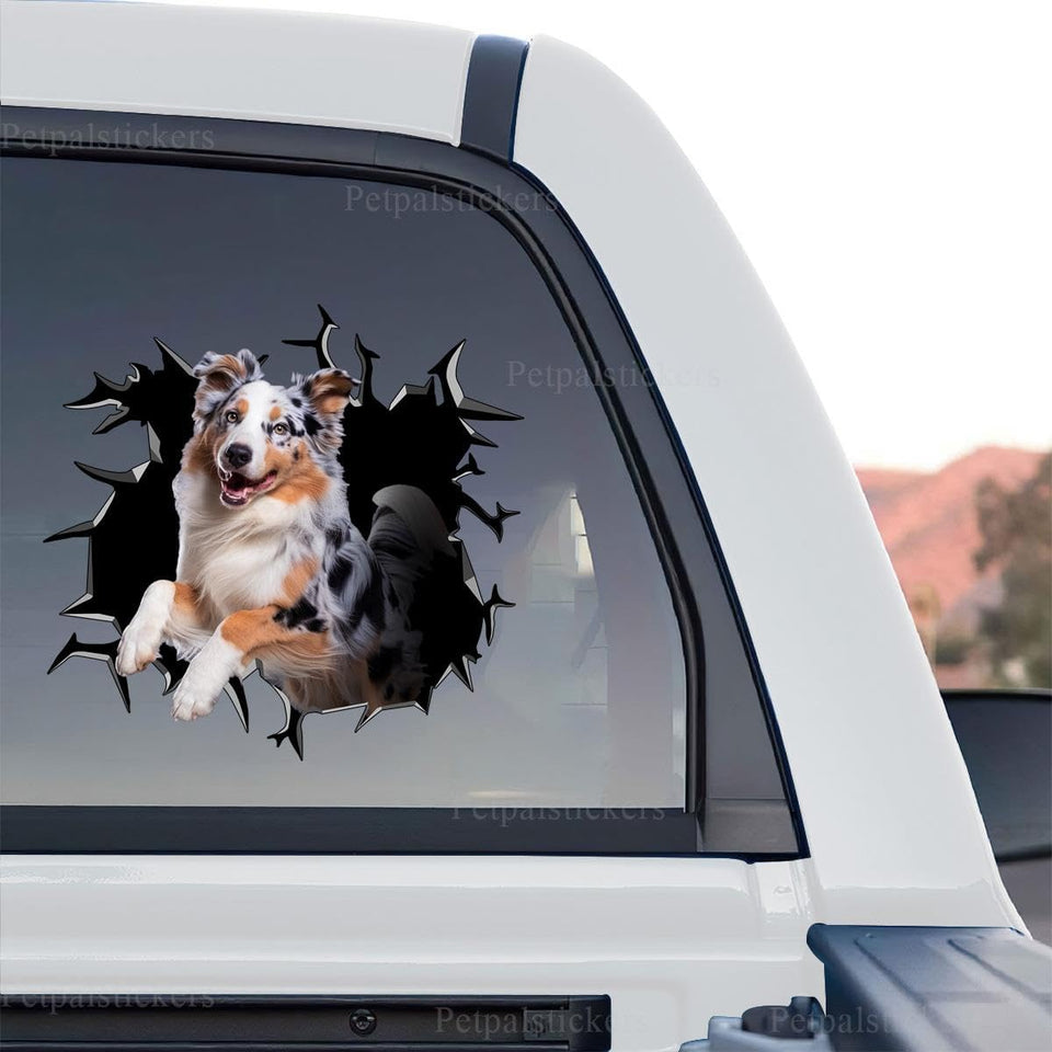 Australian Shepherd decal showing a standalone product design with realistic cracked glass graphics.