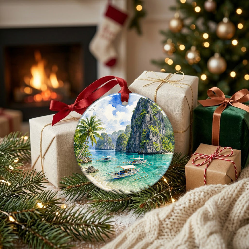Festive holiday decoration resting next to wrapped seasonal gifts beside a warm fireplace.