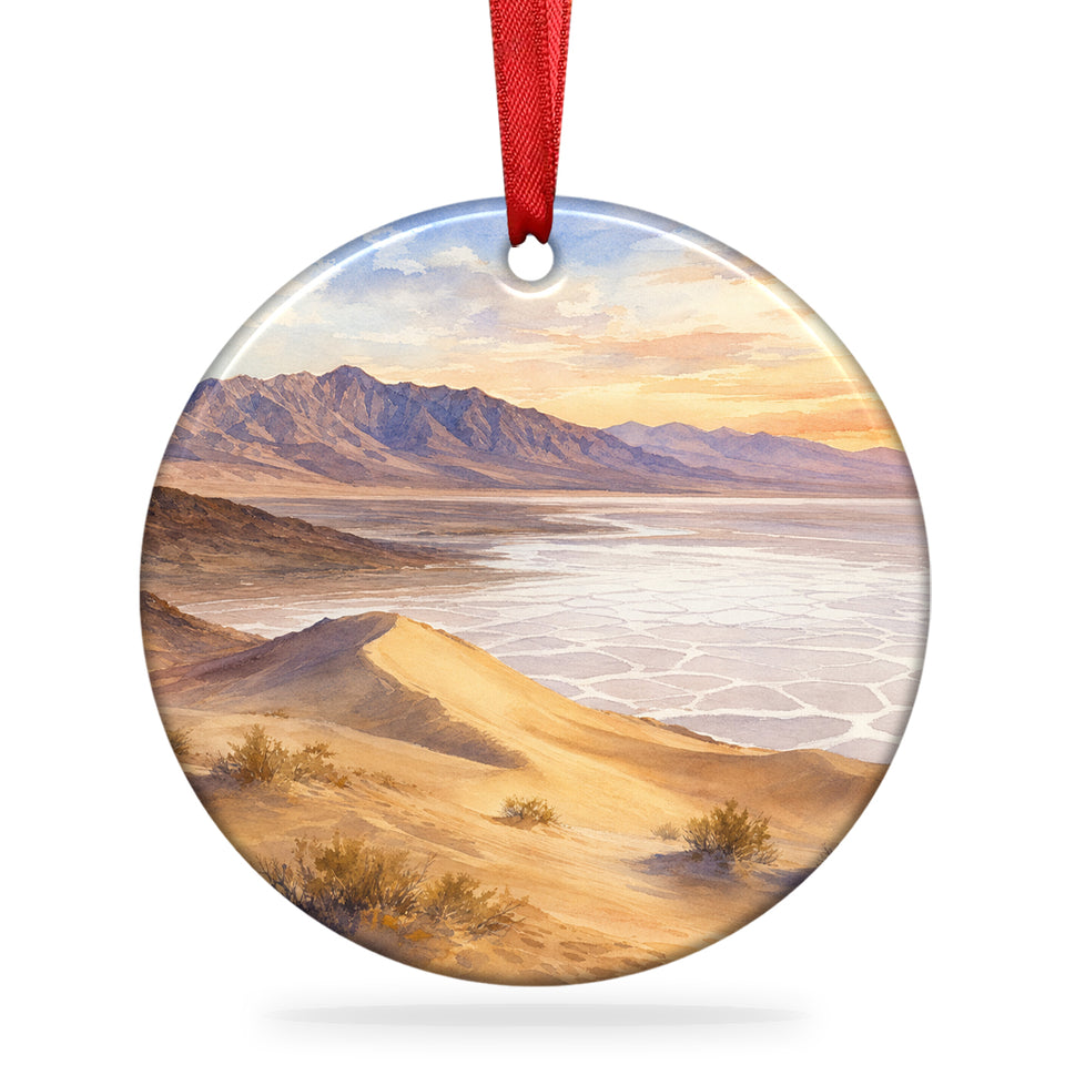 Badwater Basin ceramic Christmas ornament with hanging ribbon displayed against a clean white background.