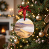Death Valley holiday ornament hanging from a glowing branch of a lit Christmas tree.