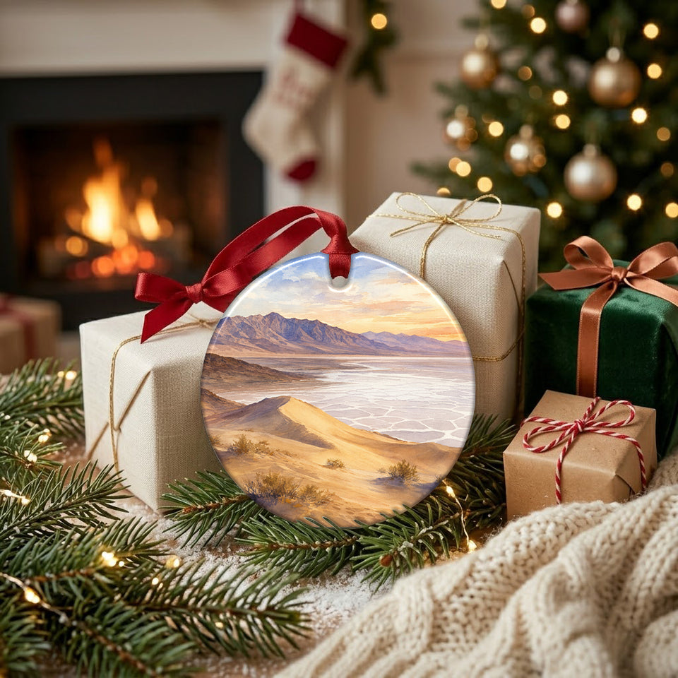 Round desert ceramic keepsake arranged next to wrapped holiday gifts beside a cozy fireplace.