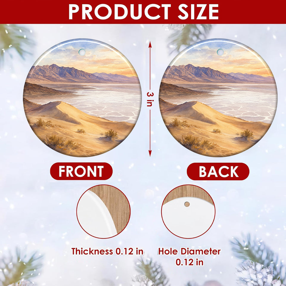 Product size chart displaying the 3-inch round diameter and double-sided print of the ceramic ornament.