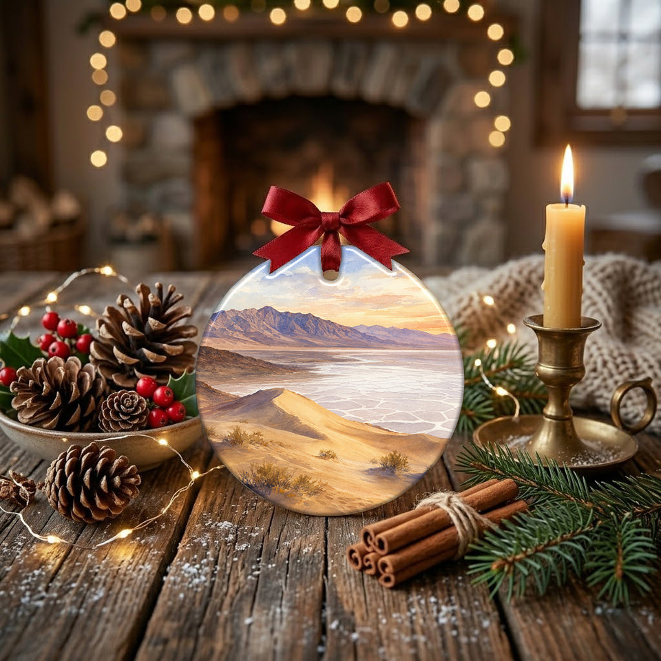 National park holiday keepsake displayed on a rustic table with winter pinecones and a warm candle.