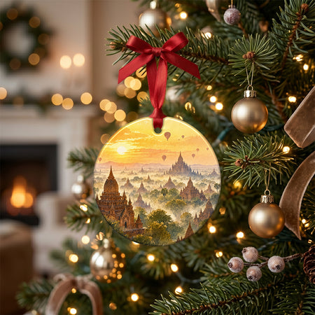 Festive holiday keepsake displayed on a rustic tabletop surrounded by pinecones and candle glow.