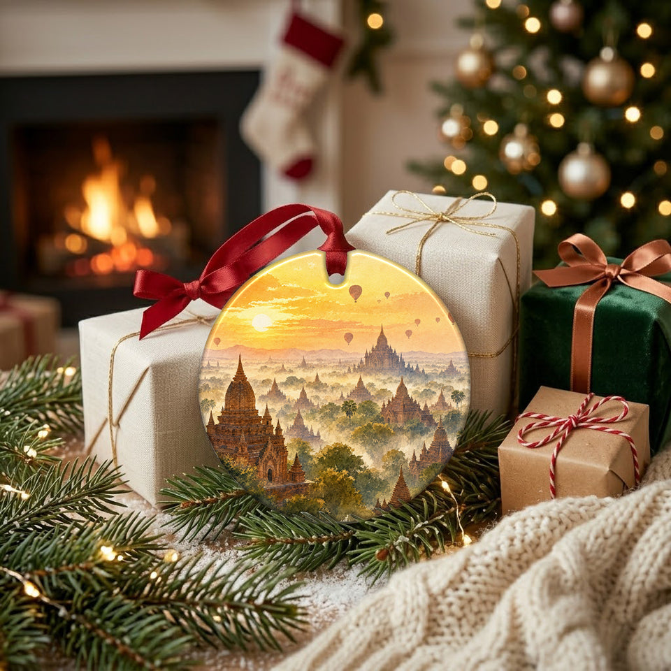 Round Myanmar temple keepsake resting on a cozy mantel near wrapped gifts and a glowing hearth.