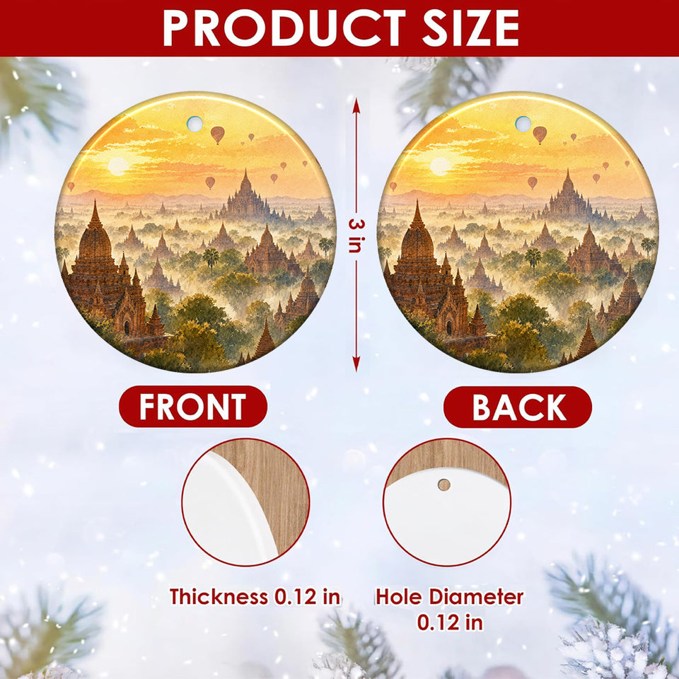 Product size chart diagram displaying the three-inch round ceramic dimensions and double-sided print.