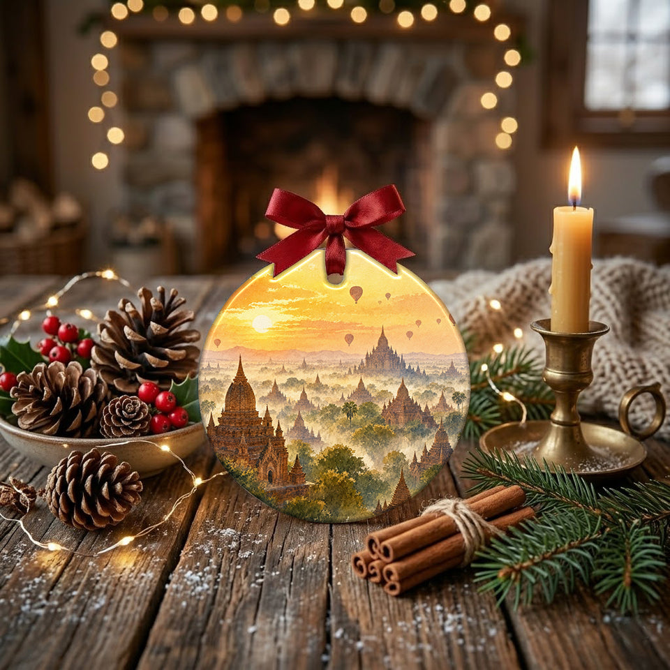 Festive holiday keepsake displayed on a rustic tabletop surrounded by pinecones and candle glow.