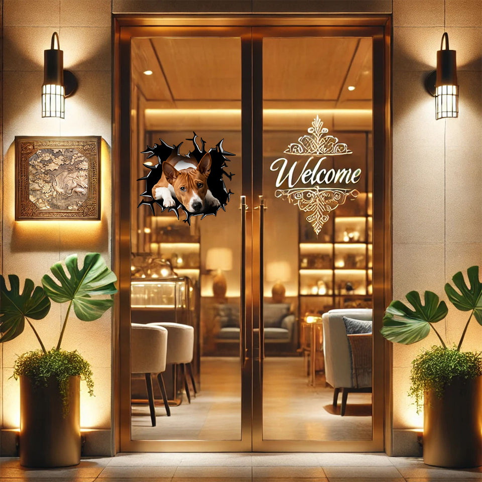 Cute Basenji graphic sticker attached to a clean wooden entrance door.