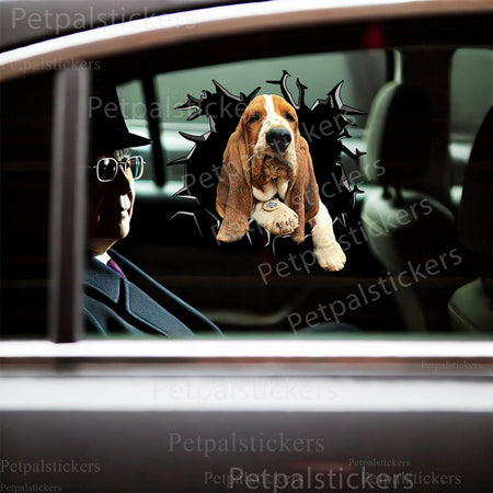 Playful Basset Hound vinyl sticker decorating the smooth surface of a toilet lid.