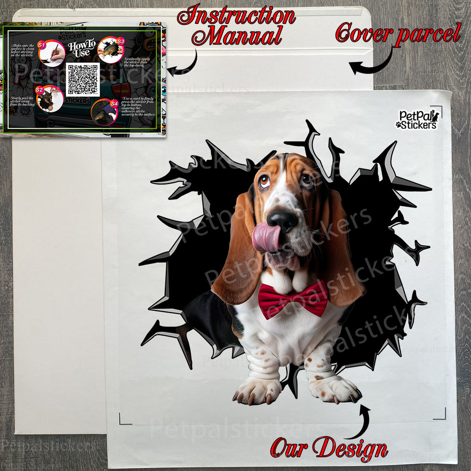 Unboxed Basset Hound car decal alongside protective product package.