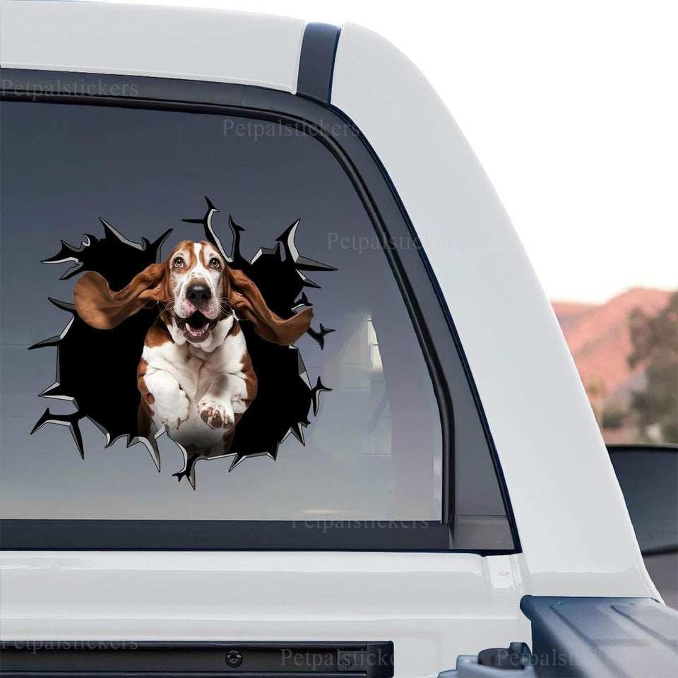 Basset Hound standalone product design graphic with a realistic 3D cracked glass effect.