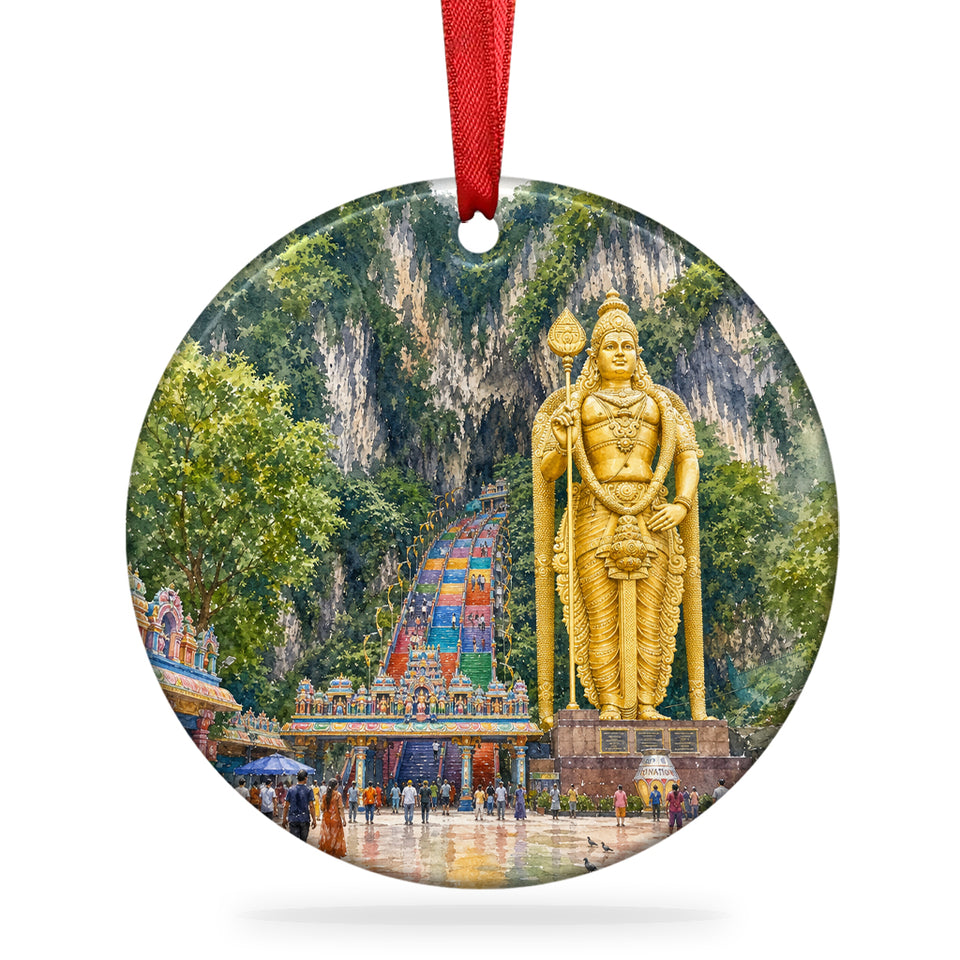 Batu Caves Christmas ornament shown centered on a clean white background with attached ribbon