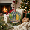Festive holiday decoration resting beside wrapped gifts near the warm glow of a hearth