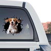 Vibrant Beagle broken glass sticker displayed on the rear window of a truck.