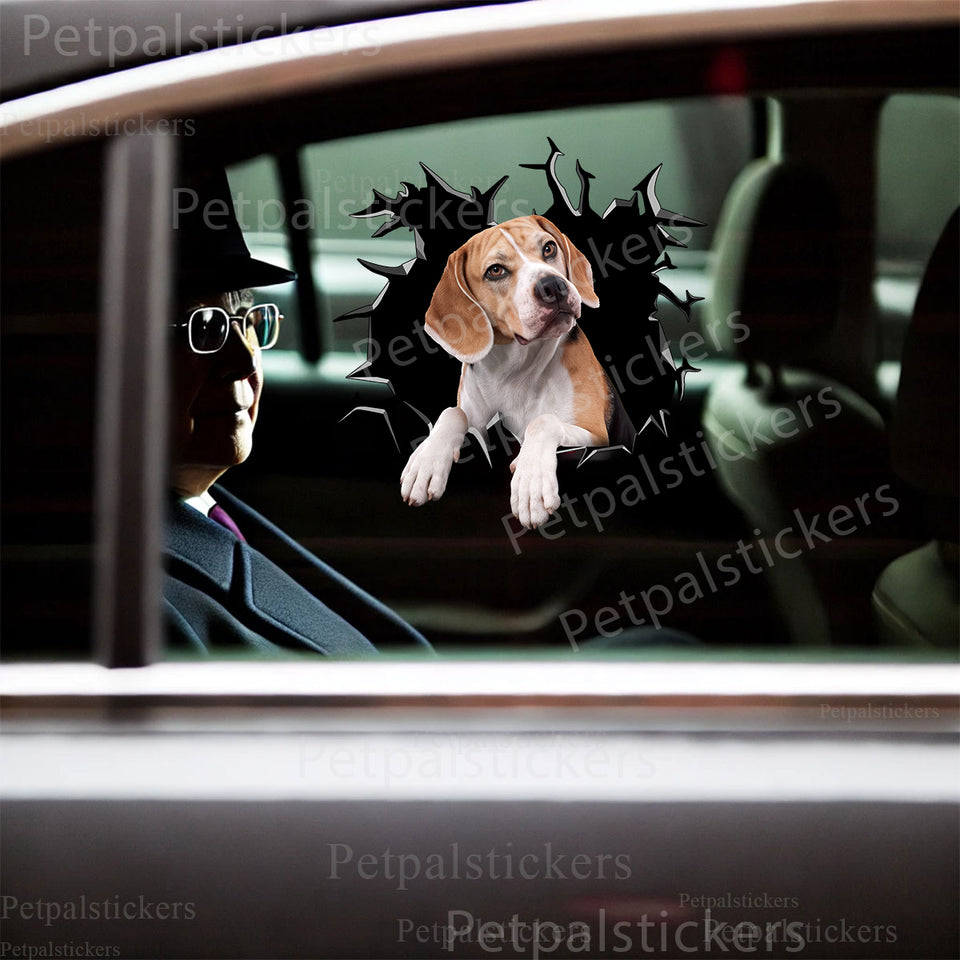 Vibrant Beagle decal smoothly adhered to the exterior car door of a white commuter vehicle.