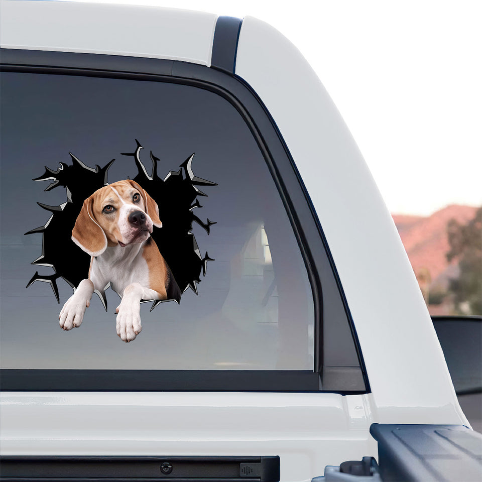 Charming Beagle vinyl graphic proudly displayed on the rear glass of a truck.