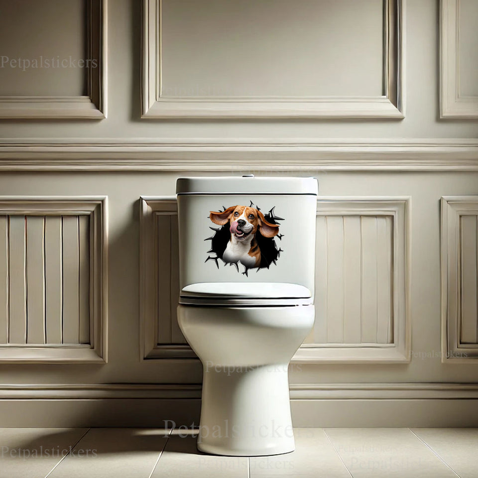 Playful Beagle decal sticker accenting a clean white ceramic toilet lid.