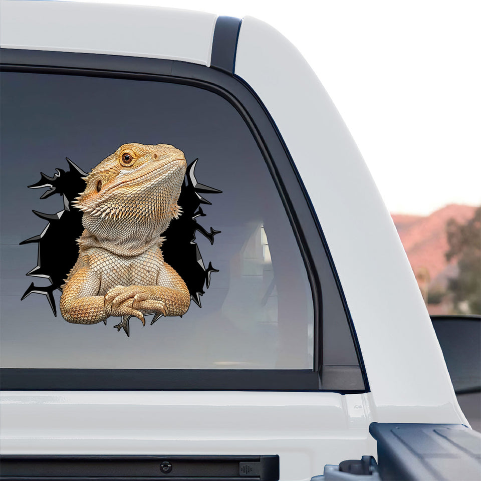 Realistic reptile art sticker styled on the side rear window of a truck.