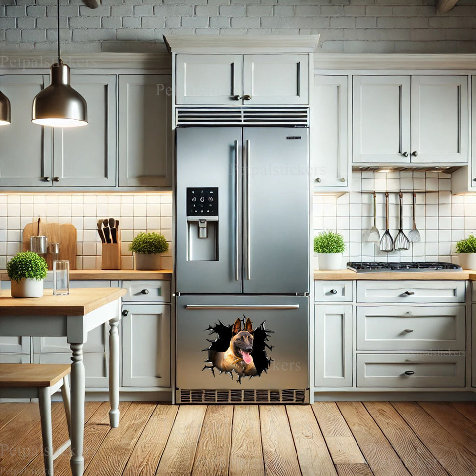 Protective Belgian Malinois graphic decal showcased on a modern refrigerator.