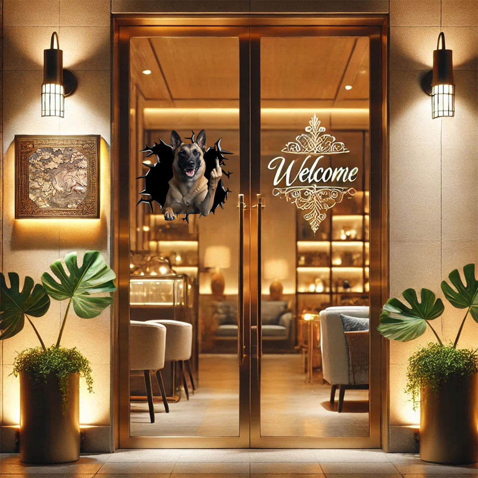 Lifelike Belgian Malinois pet decal applied to a smooth indoor glass door surface.
