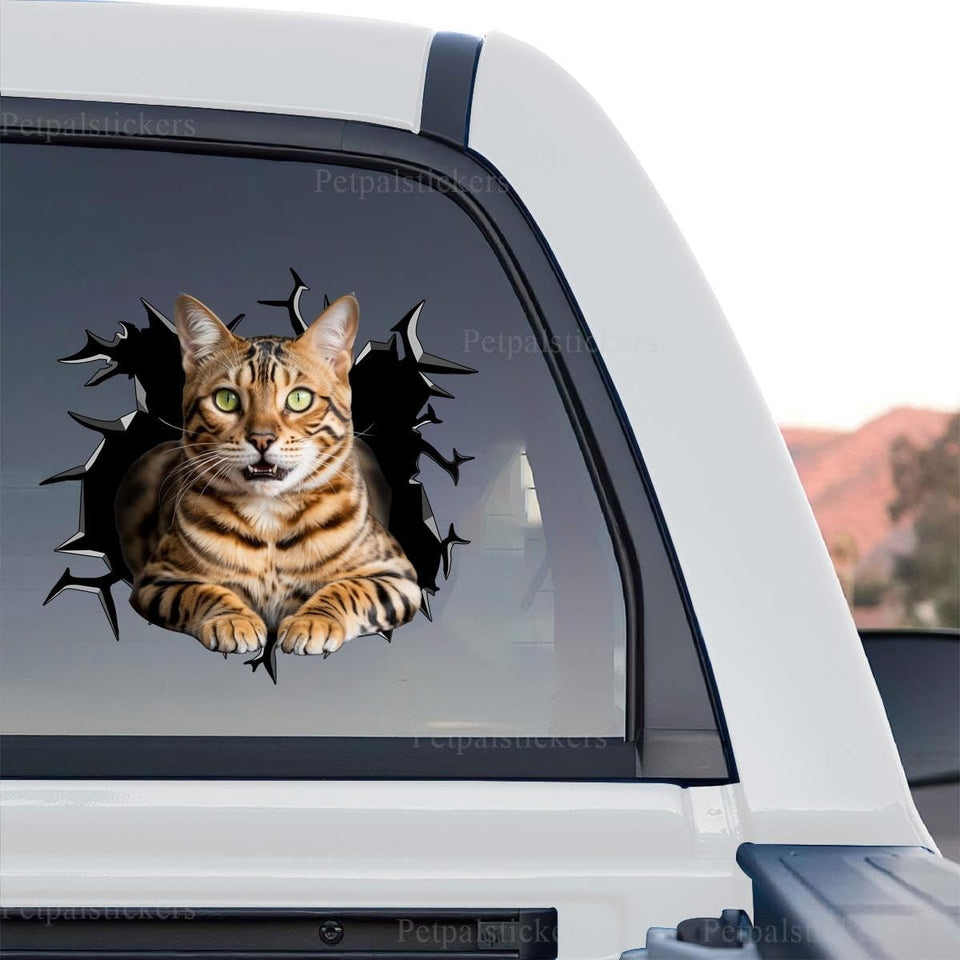 Detailed graphic decal showcasing a Bengal cat peeking through glass on a standalone product design view.