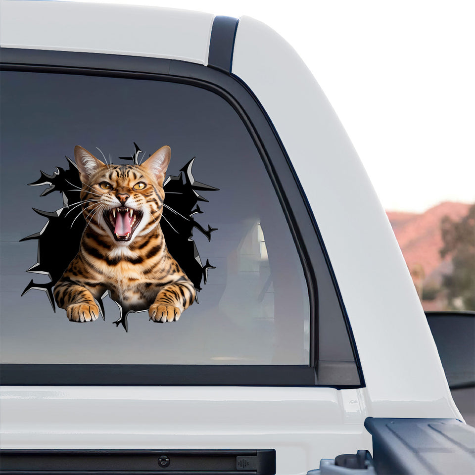 Glossy Bengal Cat window sticker styled on the rear window of a truck outdoors.