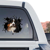 Graphic Bernese decal mounted on the rear window of a truck for outdoor durability.