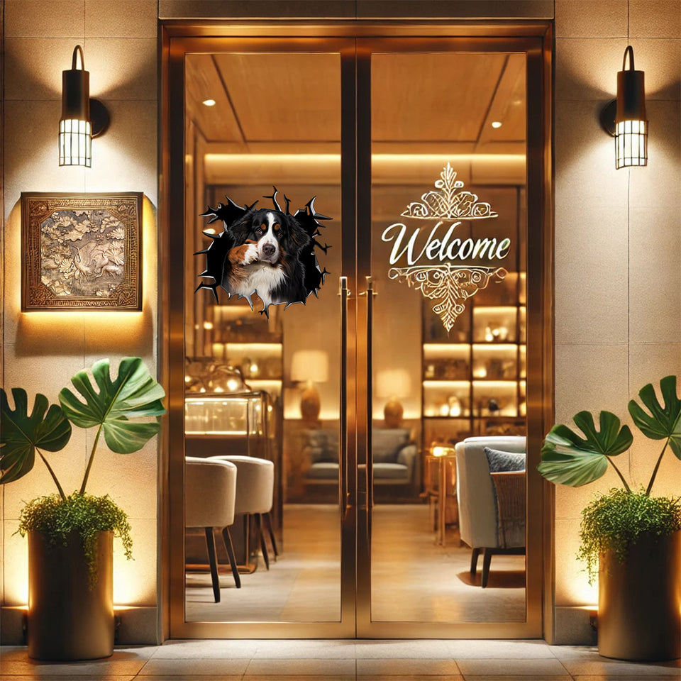 Charming pet vinyl sticker applied to a glass entrance door in a modern household.