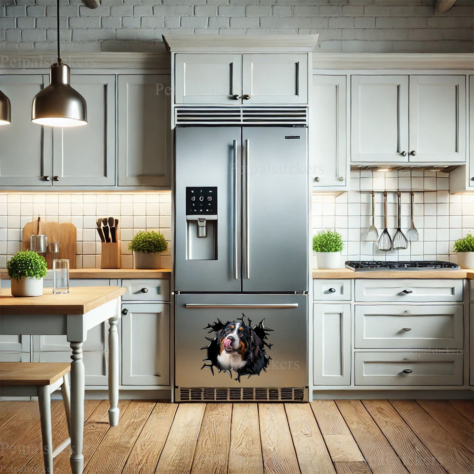 Cute Bernese Mountain Dog artwork decal positioned on the smooth surface of a refrigerator.