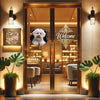 Gloss laminated Bichon Frise pet sticker placed firmly on a smooth interior glass door.